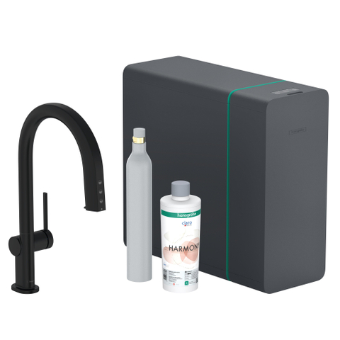 Hansgrohe Aqittura M91 SodaSystem 210, uittrekbare uitloop 1jetsBox, starter set mat zwart SW1567463