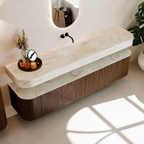 MONDIAZ THOR-DLUX 200cm meuble de salle de bains arrondi gauche + droite couleur Walnut avec 2 tiroirs et 2 portes. Vasque suspendue CLOUD Milieu sans trou de robinet couleur Ostra. SW1467004