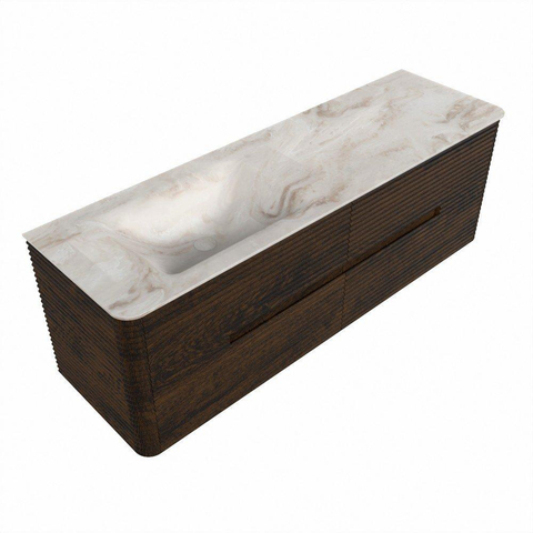 Mondiaz CIRO-DLUX Ensemble de meubles de salle de bains - 150x45x50cm - Lavabo solid surface Frappe - 1 vasque à gauche - 1 trou de robinet - 4 tiroirs - Noyer SW1530311