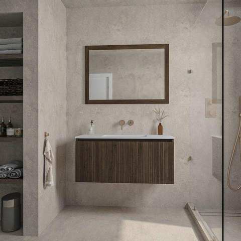 Saniclass Holz Base Meuble de salle de bain - 100cm - 1 vasque en céramique blanc - sans trou de robinet - 1 tiroir - miroir - chêne foncé SW857519