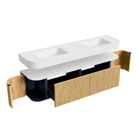 MONDIAZ THOR 180cm meuble de salle de bains arrondi gauche + droite couleur Oak avec 2 tiroirs et 2 portes. Vasque suspendue CLOUD Double sans trou de robinet couleur Talc. SW1465890