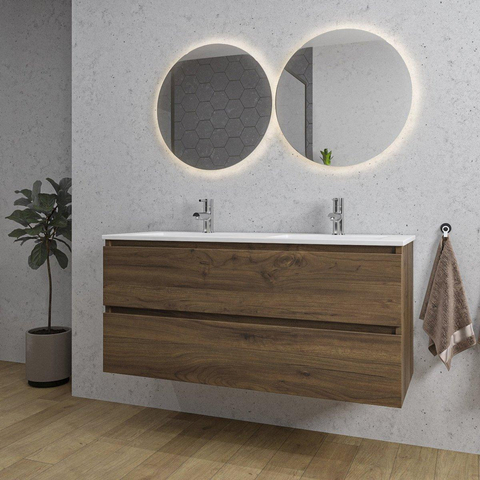 Saniclass Chaci Meuble de salle de bain - 120x45x55cm - lavabo en céramique brillant blanc - 2 vasques - 2 trous de robinet - 2 tiroirs - noyer SW809388