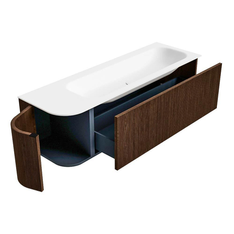 MONDIAZ KURVE 145cm badmeubel met module 25 L kleur Walnut met 1 lade en 1 deur. Wastafel BIG LARGE rechts 1 kraangat Talc. SW1138283