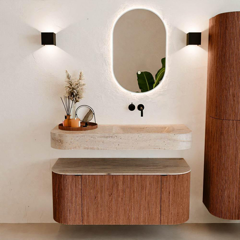 MONDIAZ THOR-DLUX 110cm meuble de salle de bains arrondi gauche + droite couleur Ruby avec 1 tiroir et 2 portes. Vasque suspendue CLOUD Droite sans trou de robinet couleur Saba. SW1463047