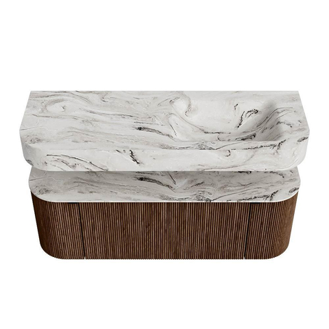MONDIAZ THOR-DLUX 130cm badmeubel ronding links + rechts kleur Walnut met 1 lade en 2 deuren. Vrijhangende wastafel CLOUD Rechts zonder kraangat kleur Glace. SW1463618