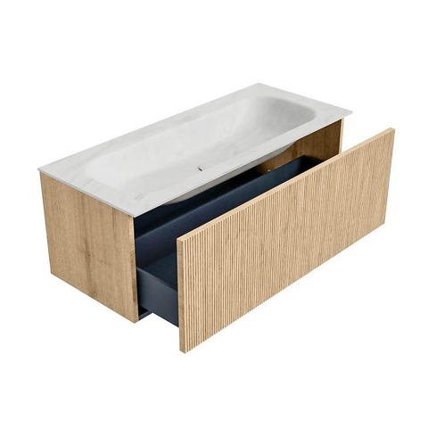 MONDIAZ KURVE-DLUX Meuble de salle de bains 110 cm couleur Oak avec 1 tiroir. Lavabo BIG MEDIUM central sans trou de robinet couleur Opalo. SW1137581