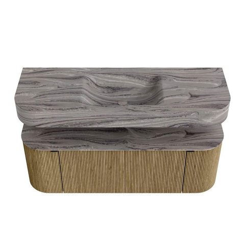 MONDIAZ THOR-DLUX 130cm meuble de salle de bains arrondi gauche + droite couleur Dusk avec 1 tiroir et 2 portes. Vasque suspendue CLOUD Milieu 1 trou de robinet couleur Sombra. SW1464085