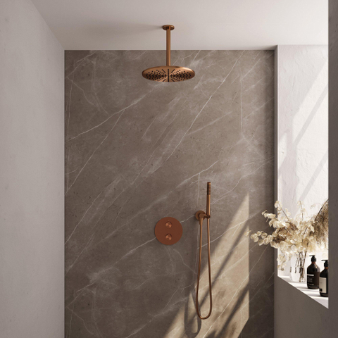 BRAUER Copper Carving douche de pluie encastrée thermostatique - 3 voies - rond - set 78 - pomme de douche 30cm - bras de plafond - douchette barre - flexible de douche - coude mural - cuivre brossé PVD SW1159261