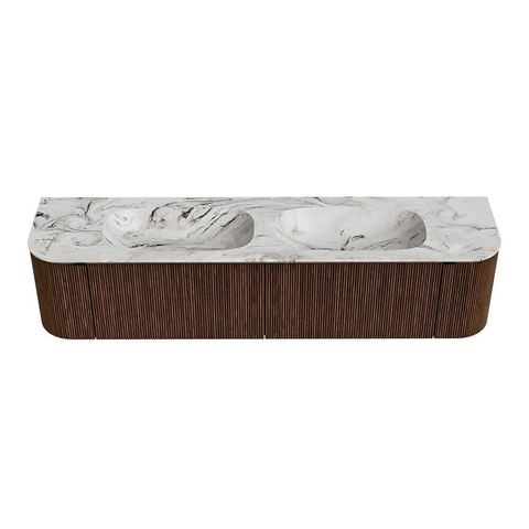 MONDIAZ KURVE-DLUX meuble de salle de bains 190cm avec module 25 Len R couleur Walnut avec 2 tiroirs et 2 portes. Lavabo STOR SMALL double 2 trous de robinet couleur Glace. SW1138104