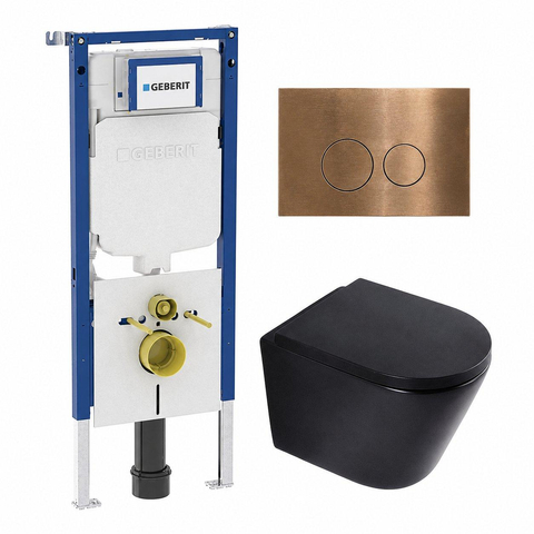 QeramiQ Dely Toiletset - 36.3x51.7cm - diepspoel - rimless - Geberit UP720 inbouwreservoir - softclose toilet zitting - 35mm - koperen bedieningsplaat - ronde knoppen - mat zwart SW1427110