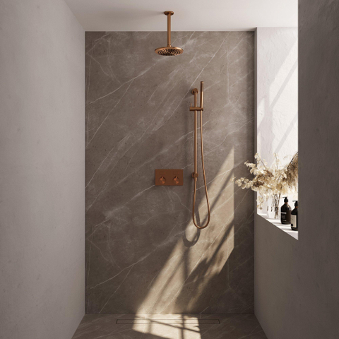 BRAUER Copper Edition Thermostatische Regendouche inbouw - drukknoppen - SET 65 - 20cm hoofddouche - plafondarm - staaf handdouche - doucheslang - geïntegreerde glijstang - koper geborsteld PVD SW925629