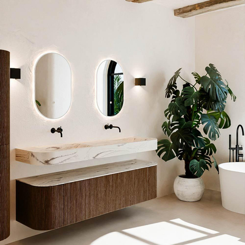 MONDIAZ THOR-DLUX 170cm meuble de salle de bains arrondi gauche + droite couleur Walnut avec 1 tiroir et 2 portes. Vasque suspendue CLOUD Double sans trou de robinet couleur Nata. SW1465782
