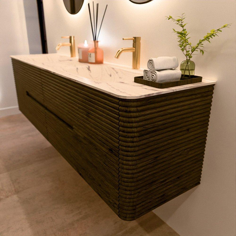 Mondiaz CIRO-DLUX Badkamermeubelset - 180x45x50cm - Solid surface wastafel Nata - 2 wasbak Dubbel - 2 kraangaten - 4 lades - Shadow SW1532602