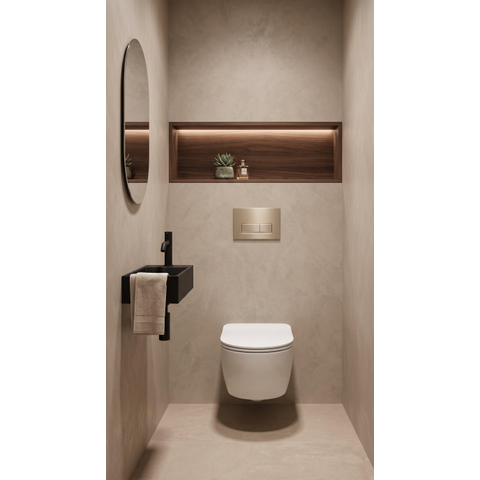 QeramiQ Dely Swirl Ensemble WC - 36.3x51.7cm - Fond creux - Sans bride - Réservoir encastré Geberit UP320 - Abattant de 35mm d'épaisseur - Plaque de commande en laiton brossé - Boutons rectangulaires - Blanc mat SW1138643