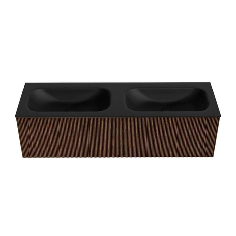 MONDIAZ KURVE 150cm badmeubel kleur Walnut met 2 lades. Wastafel BIG SMALL dubbel zonder kraangat Urban. SW1138538