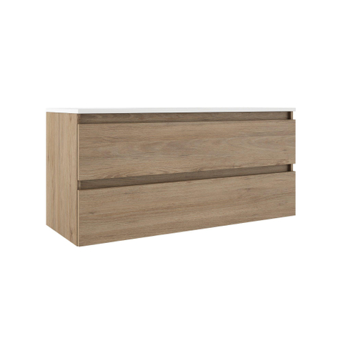 Saniclass Chaci Badkameronderkast - 120cm - 2 lades - greeploos - eiken - incl. Cloud wastafel mat wit - OUTLET UDEN STORE45000