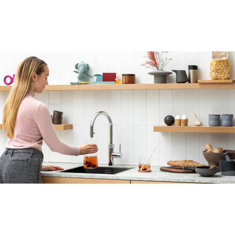 Quooker Flex Round kokendwaterkraan - draaibare & uittrekbare uitloop - Combi incl. Cube reservoir - Warm / kokend / bruisend / gefilterd water - chroom SW299725