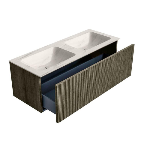 MONDIAZ KURVE-DLUX Meuble de salle de bains 120 cm couleur Shadow avec 1 tiroir et 0 porte. Lavabo LEAF Double 2 trous de robinet Meli. SW1431814