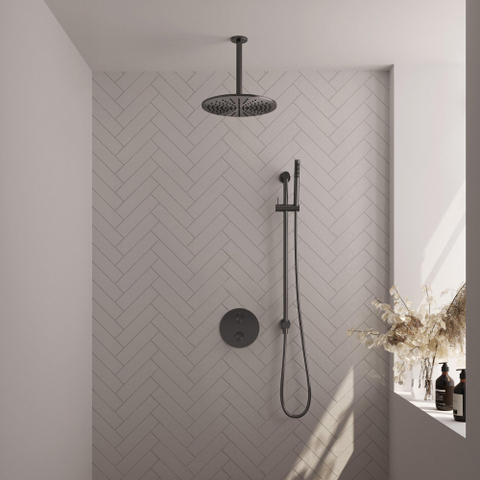BRAUER Gunmetal Carving douche de pluie encastrée thermostatique - 3 voies - rond - set 90 - pomme de douche 30 cm - bras de plafond - douchette barre - flexible de douche - barre de douche intégrée - gunmetal brossé PVD SW1159186