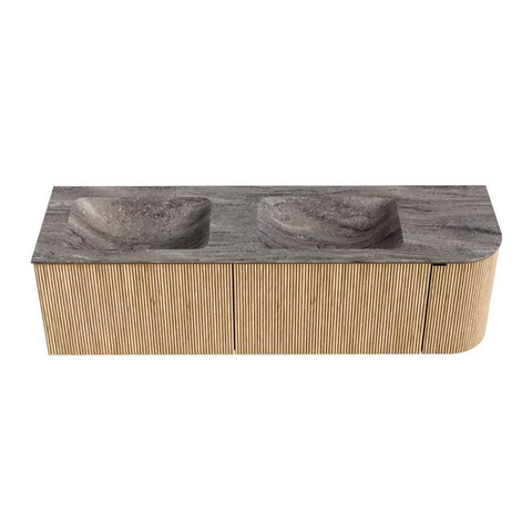 MONDIAZ KURVE-DLUX 155cm meuble de salle de bains arrondi Droite couleur Chêne avec 2 tiroirs et 1 porte. Lavabo LEAF Double / Gauche 2 trous de robinet Oza. SW1432685