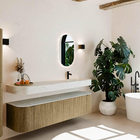 MONDIAZ THOR-DLUX 180cm meuble de salle de bains arrondi gauche + droite couleur Dusk avec 2 tiroirs et 2 portes. Vasque suspendue CLOUD Droite 1 trou de robinet couleur Opalo. SW1466018