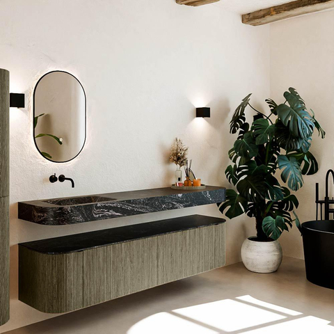 MONDIAZ THOR-DLUX 190cm meuble de salle de bains arrondi gauche + droite couleur Shadow avec 2 tiroirs et 2 portes. Vasque suspendue CLOUD Gauche sans trou de robinet couleur Lava. SW1466559