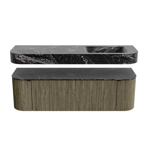 MONDIAZ THOR-DLUX 150cm meuble de salle de bains arrondi gauche + droite couleur Shadow avec 1 tiroir et 2 portes. Vasque suspendue CLOUD Droite 1 trou de robinet couleur Lava. SW1464706