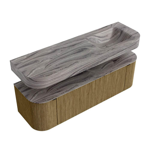 MONDIAZ THOR-DLUX 150cm meuble de salle de bains arrondi gauche + droite couleur Dusk avec 1 tiroir et 2 portes. Vasque suspendue CLOUD Droite 1 trou de robinet couleur Sombra. SW1464922