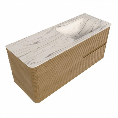 Mondiaz CIRO-DLUX Meuble de salle de bains - 120x45x50cm - Vasque solid surface Nata - 1 lavabo à droite - 1 trou de robinet - 2 tiroirs - Chêne SW1531483