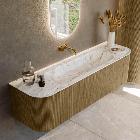 Mondiaz KURVE-DLUX Ensemble meuble de salle de bains - 160x46x40cm - 1 tiroir - 2 portes - vasque solid surface - centre - sans trou de robinet - Dusk SW1415487