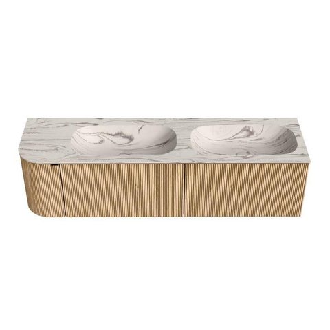 MONDIAZ KURVE-DLUX 165cm badmeubel ronding Links kleur Oak met 2 lades en 1 deur. Wastafel STOR SMALL Dubbel / Rechts zonder kraangat Nata. SW1432148