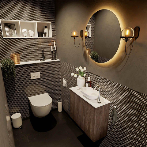 Mondiaz Fowy Meuble de toilette - 60x50x23cm - marron foncé mat - 1 trou de robinet - lavabo à droite - 2 portes - solid surface - plan Mélamine - lavabo : blanc SW761355