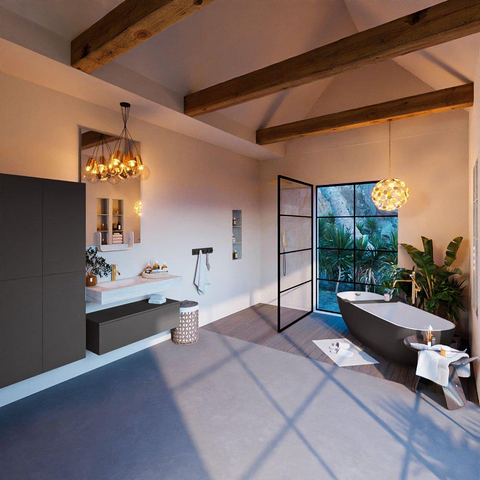 Mondiaz ALAN-DLUX Ensemble de meuble - 100cm - meuble Dark grey mat - 1 tiroir - Lavabo Cloud Opalo suspendu - vasque Gauche - 1 trou de robinet SW806334
