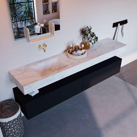 Mondiaz ALAN-DLUX Ensemble de meuble - 200cm - meuble Urban mat - 2 tiroirs - Lavabo Cloud Opalo suspendu - vasque Gauche - 0 trous de robinet SW806226
