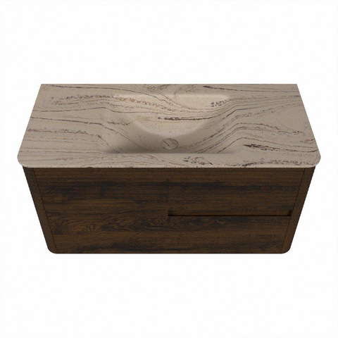 Mondiaz CIRO-DLUX Meuble de salle de bains - 100x45x50cm - Plan vasque Solid surface Arena - 1 vasque au milieu - sans trous de robinet - 2 tiroirs - Noyer SW1530412