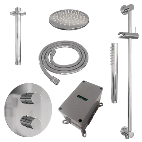 BRAUER Chrome Edition thermostatische Inbouw Regendouche - 3-weg - rond - set 89 - 20cm hoofddouche - plafondarm - staaf handdouche - doucheslang - geïntegreerde glijstang - chroom SW1158986