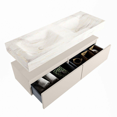 Mondiaz ALAN-DLUX Ensemble de meuble - 130cm - meuble Linen mat - 2 tiroirs - Lavabo Cloud Ostra suspendu - vasque Gauche et droite - 2 trous de robinet SW807101