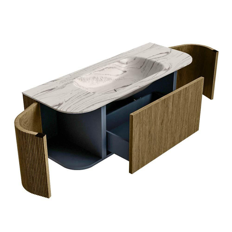 MONDIAZ KURVE-DLUX Meuble de salle de bains 120 cm arrondi Gauche + Droite couleur Dusk avec 1 tiroir et 2 portes. Vasque BIG SMALL Centrale sans trou de robinet Nata. SW1432361