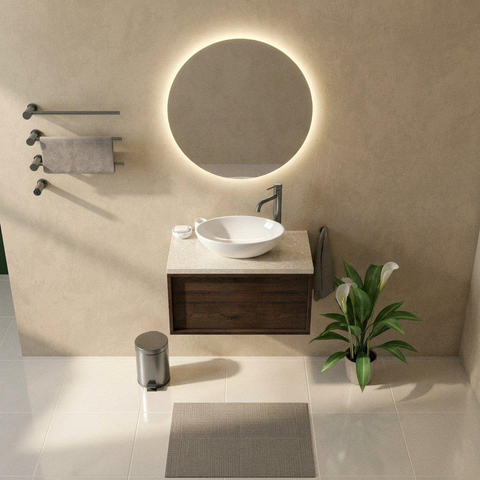 Saniclass Holz Frame Ensemble meuble salle de bains - 80x45x43cm - Plateau en pierre naturelle travertin - 1 trou de robinetterie - 1 tiroir - chêne charcoal mat (bois) SW1478848