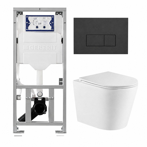 QeramiQ Dely Toiletset - 36.3x51.7cm - diepspoel - rimless - Geberit UP320 inbouwreservoir - met Burda frame - softclose toiletzitting - bedieningsplaat antraciet mat - rechthoekige knoppen - mat wit SW1164254