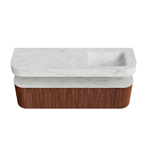 MONDIAZ THOR-DLUX 160cm meuble de salle de bains arrondi gauche + droite couleur Ruby avec 1 tiroir et 2 portes. Vasque suspendue CLOUD Droite 1 trou de robinet couleur Opalo. SW1465184