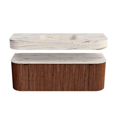 MONDIAZ THOR-DLUX Meuble de salle de bains 130cm arrondi gauche + droite couleur Ruby avec 1 tiroir et 2 portes. Vasque suspendue CLOUD Milieu sans trou de robinet couleur Nata. SW1463871