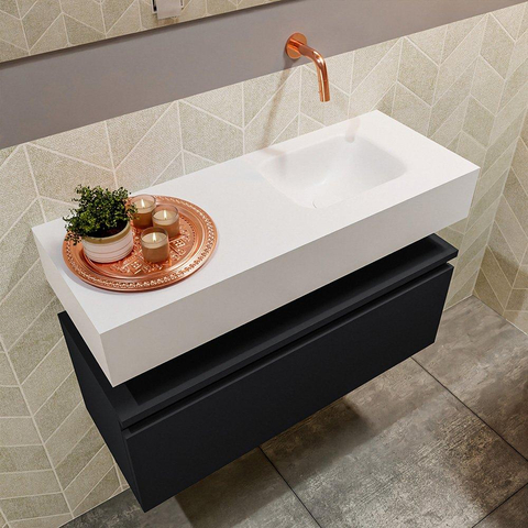MONDIAZ ANDOR Meuble WC - 80x30x30cm - 0 trous de robinet - 1 tiroirs - urban mat - lave-mains à droite - Solid surface - Blanc SW473957