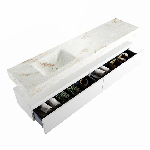 Mondiaz ALAN-DLUX Ensemble de meuble - 200cm - meuble Talc mat - 2 tiroirs - Lavabo Cloud Frappe suspendu - vasque Gauche - 0 trous de robinet SW805341