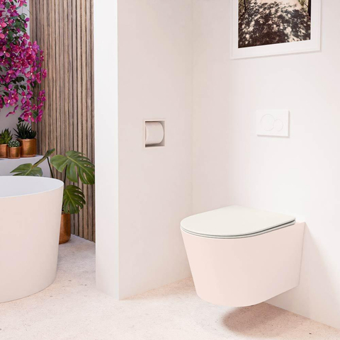 Mondiaz LAVIE hangtoilet – spoelrandloos – 36 x 53 cm – met softclose zitting – Rosee (roze), zitting Linen (offwhite) SW1208654