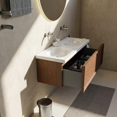 Saniclass Holz Frame Badkamermeubelset - 120x45x43.5cm - Palermo keramische wastafel wit - 2 wasbakken - zonder kraangaten - 1 lade - mat walnut pure (hout) SW1478636