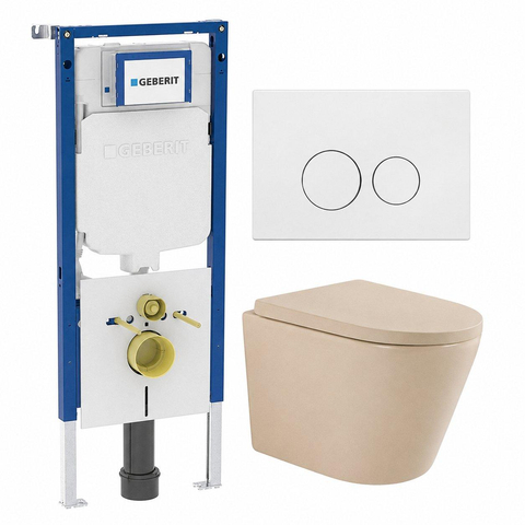 QeramiQ Dely Ensemble de toilettes - 36.3x51.7cm - cuvette profonde - sans bride - réservoir encastré Geberit UP720 - abattant de toilette softclose 35 mm - plaque de commande blanche mate - boutons ronds - beige mat SW1427080