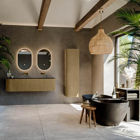 Mondiaz KURVE Ensemble de meuble de salle de bains - 155x46x40cm - 2 tiroirs - 1 porte - vasque solid surface - double / droite - sans trou de robinet - Dusk SW1414834