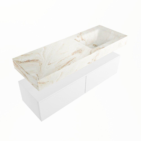 Mondiaz ALAN-DLUX Ensemble de meuble - 130cm - meuble Talc mat - 2 tiroirs - Lavabo Cloud Frappe suspendu - vasque Droite - 1 trou de robinet SW804903