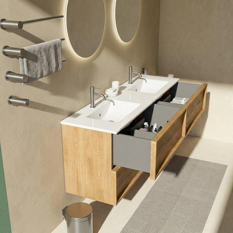 Saniclass Holz Frame Badkamermeubelset - 160x45x62cm - Vygo keramische wastafel wit - 2 wasbakken - 2 kraangaten - 4 lades - mat eiken natural (hout) SW1580056